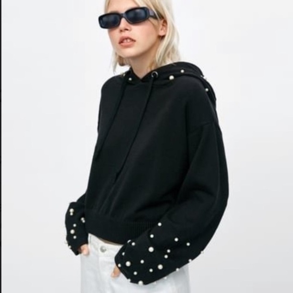 Zara cropped knit hoodie with pearls